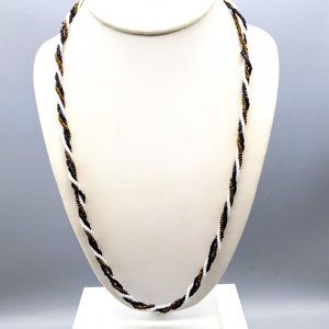 Neutral Seed Bead Torsade Necklace, White Black and Bronze Vintage Strands